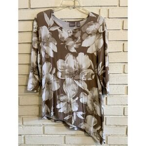 Chico's 1 Knit Tunic Top Sz‎ Med. Tan & White Floral Angled Hem Asymmetrical